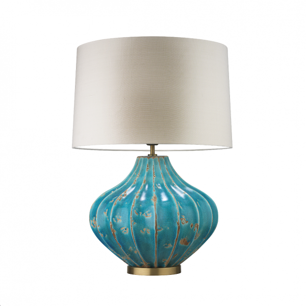 Mallory Turquoise Antique Crackle Tischleuchte, Schirm Seide Elfenbein, Innen Weiß PVC